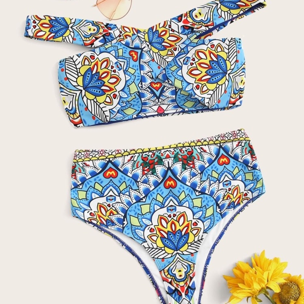 Off the shoulder swimsuit. High waisted bottoms!